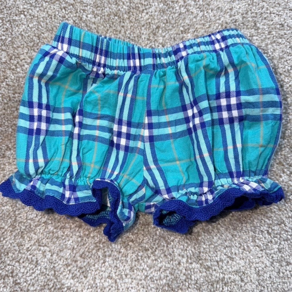 SweetHoney Teal Blue Plaid Ruffle Bloomers Crochet Trim Baby Girl 12M